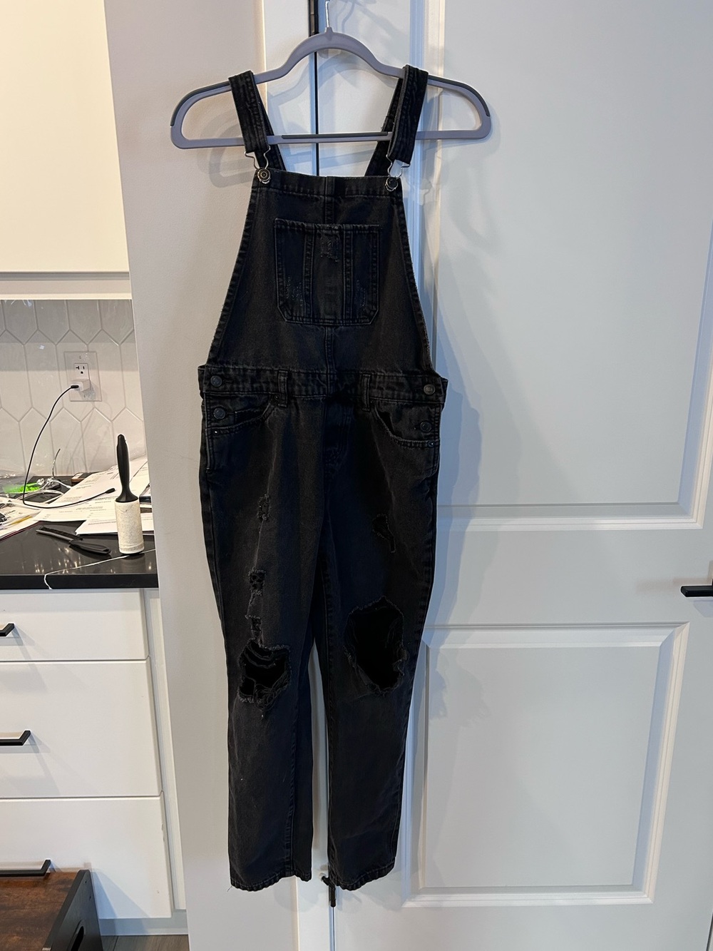 Lucky Brand Distressed Washed Black Denim Overalls Boyfriend Fit Edgy Goth